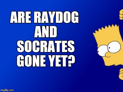 Bart Simpson Peeking Meme | ARE RAYDOG AND SOCRATES GONE YET? | image tagged in memes,bart simpson peeking | made w/ Imgflip meme maker