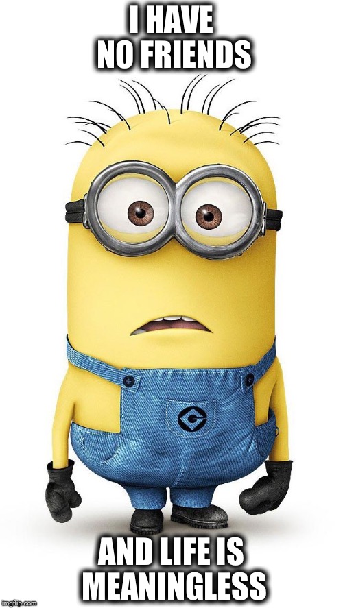 surprised minion | I HAVE NO FRIENDS; AND LIFE IS MEANINGLESS | image tagged in surprised minion | made w/ Imgflip meme maker