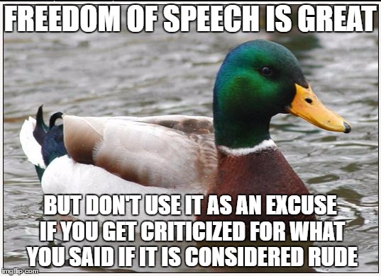 Life Lesson | FREEDOM OF SPEECH IS GREAT; BUT DON'T USE IT AS AN EXCUSE IF YOU GET CRITICIZED FOR WHAT YOU SAID IF IT IS CONSIDERED RUDE | image tagged in memes,actual advice mallard | made w/ Imgflip meme maker