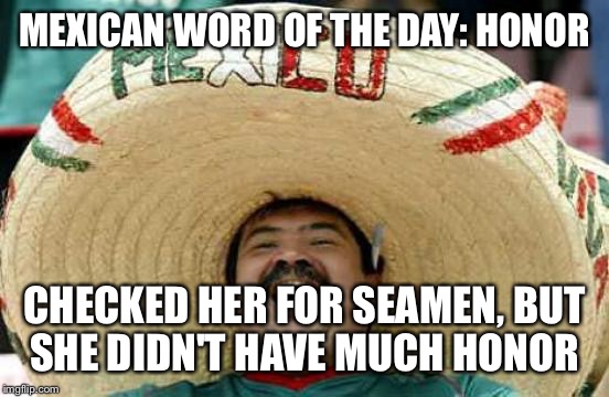 Happy Mexican | MEXICAN WORD OF THE DAY: HONOR; CHECKED HER FOR SEAMEN, BUT SHE DIDN'T HAVE MUCH HONOR | image tagged in happy mexican | made w/ Imgflip meme maker