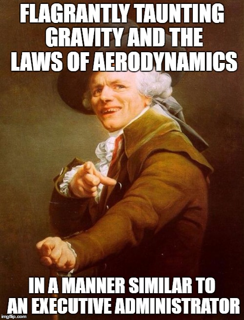 Joseph Ducreux Meme | FLAGRANTLY TAUNTING GRAVITY AND THE LAWS OF AERODYNAMICS; IN A MANNER SIMILAR TO AN EXECUTIVE ADMINISTRATOR | image tagged in memes,joseph ducreux | made w/ Imgflip meme maker