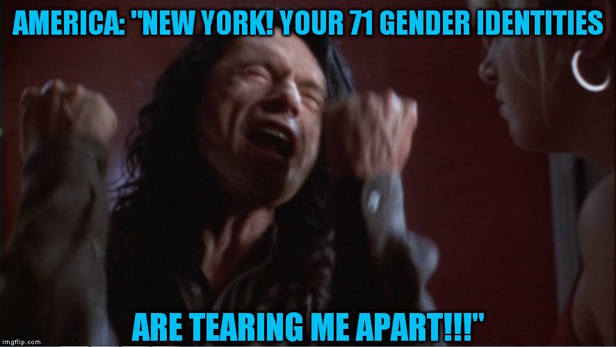 You are tearing me apart! | AMERICA: "NEW YORK! YOUR 71 GENDER IDENTITIES; ARE TEARING ME APART!!!" | image tagged in you are tearing me apart,memes,the room,tommy wiseau | made w/ Imgflip meme maker