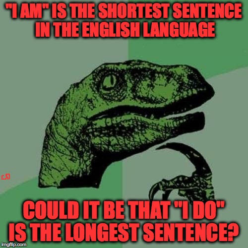 Philosoraptor | "I AM" IS THE SHORTEST SENTENCE IN THE ENGLISH LANGUAGE; COULD IT BE THAT "I DO" IS THE LONGEST SENTENCE? | image tagged in memes,philosoraptor,funny memes,true,thinking,lol | made w/ Imgflip meme maker