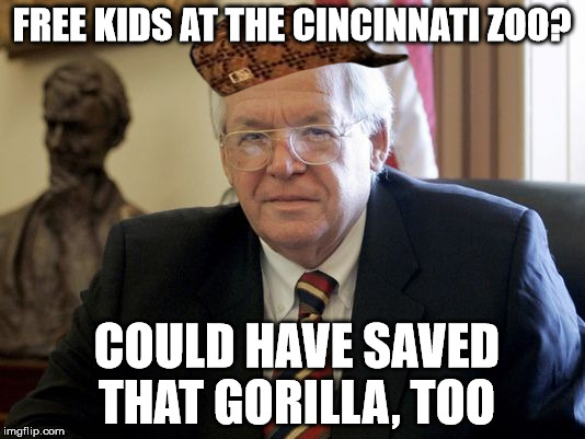 hastert | FREE KIDS AT THE CINCINNATI ZOO? COULD HAVE SAVED THAT GORILLA, TOO | image tagged in hastert,scumbag | made w/ Imgflip meme maker