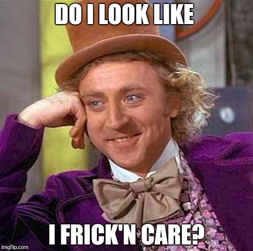 Creepy Condescending Wonka | DO I LOOK LIKE; I FRICK'N CARE? | image tagged in memes,creepy condescending wonka | made w/ Imgflip meme maker