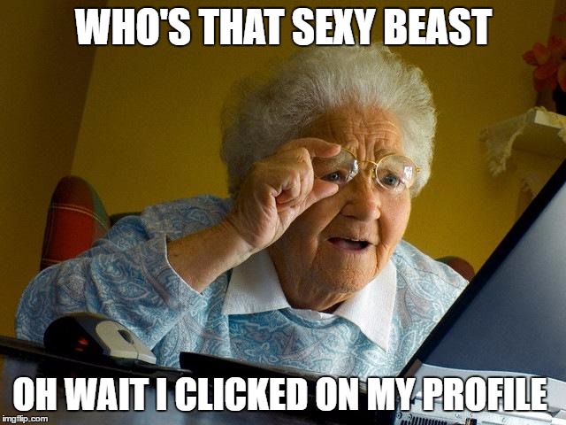 Grandma Sees Herself | WHO'S THAT SEXY BEAST; OH WAIT I CLICKED ON MY PROFILE | image tagged in memes,grandma finds the internet,who's that | made w/ Imgflip meme maker