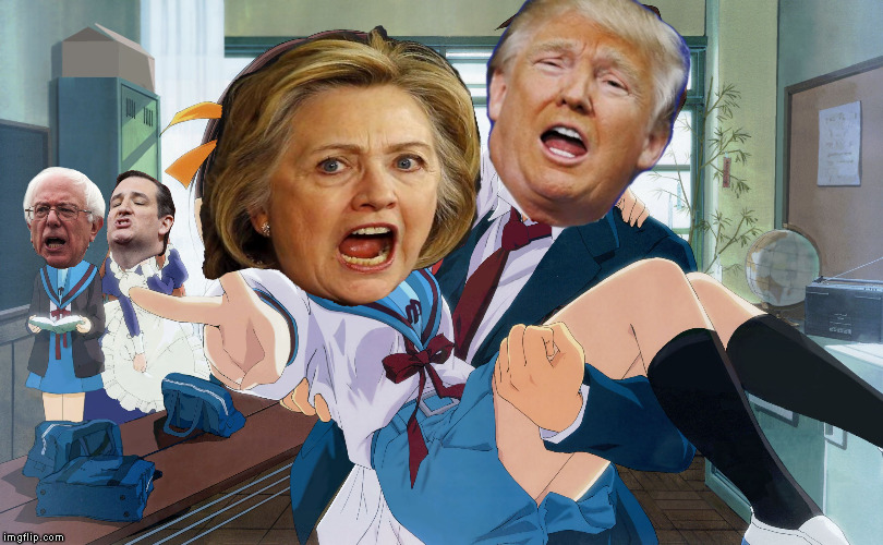 The Melancholy of Hillary Clinton | image tagged in clinton,trump,sanders,cruz,anime,edits | made w/ Imgflip meme maker