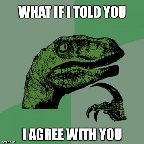 Philosoraptor Meme | WHAT IF I TOLD YOU I AGREE WITH YOU | image tagged in memes,philosoraptor | made w/ Imgflip meme maker