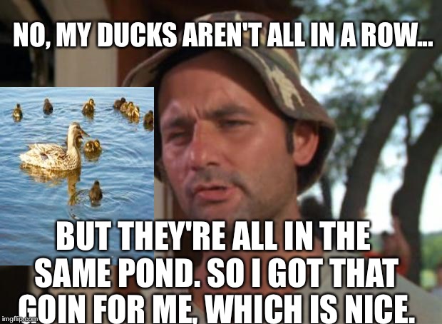 Inspired By A Pinterest Friend! | NO, MY DUCKS AREN'T ALL IN A ROW... BUT THEY'RE ALL IN THE SAME POND. SO I GOT THAT GOIN FOR ME, WHICH IS NICE. | image tagged in memes,so i got that goin for me which is nice | made w/ Imgflip meme maker