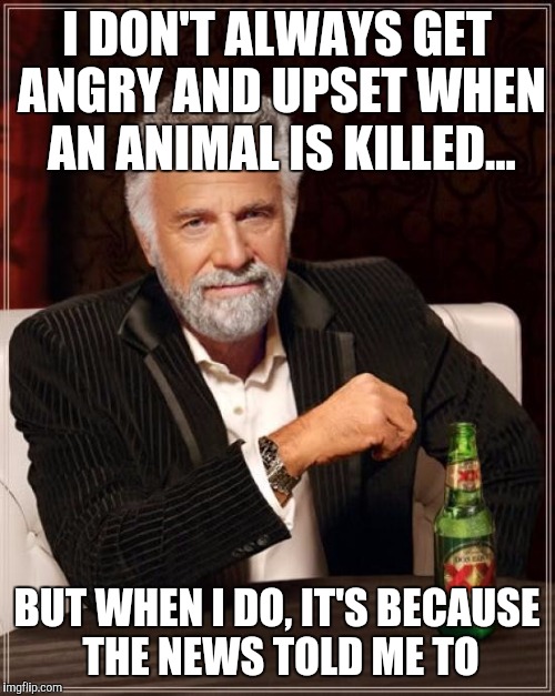 The Most Interesting Man In The World Meme | I DON'T ALWAYS GET ANGRY AND UPSET WHEN AN ANIMAL IS KILLED... BUT WHEN I DO, IT'S BECAUSE THE NEWS TOLD ME TO | image tagged in memes,the most interesting man in the world | made w/ Imgflip meme maker