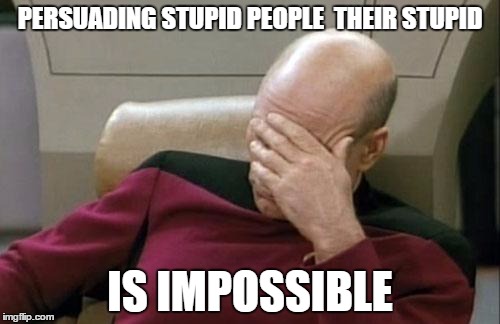 Captain Picard Facepalm Meme | PERSUADING STUPID PEOPLE 
THEIR STUPID; IS IMPOSSIBLE | image tagged in memes,captain picard facepalm | made w/ Imgflip meme maker