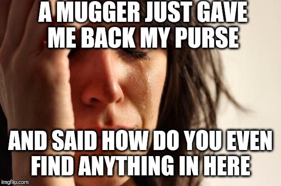 First World Problems | A MUGGER JUST GAVE ME BACK MY PURSE; AND SAID HOW DO YOU EVEN FIND ANYTHING IN HERE | image tagged in memes,first world problems | made w/ Imgflip meme maker