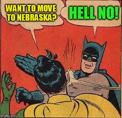 Batman Slapping Robin Meme | WANT TO MOVE TO NEBRASKA? HELL NO! | image tagged in memes,batman slapping robin | made w/ Imgflip meme maker