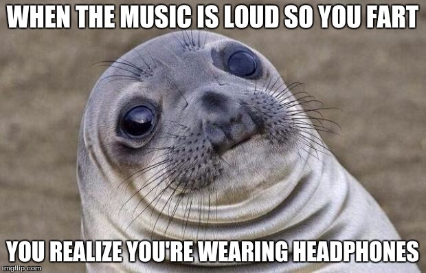 Awkward Moment Sealion Meme | WHEN THE MUSIC IS LOUD SO YOU FART; YOU REALIZE YOU'RE WEARING HEADPHONES | image tagged in memes,awkward moment sealion,fart,headphones,music | made w/ Imgflip meme maker