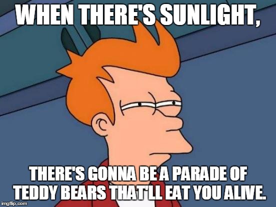 Futurama Fry | WHEN THERE'S SUNLIGHT, THERE'S GONNA BE A PARADE OF TEDDY BEARS THAT'LL EAT YOU ALIVE. | image tagged in memes,futurama fry | made w/ Imgflip meme maker
