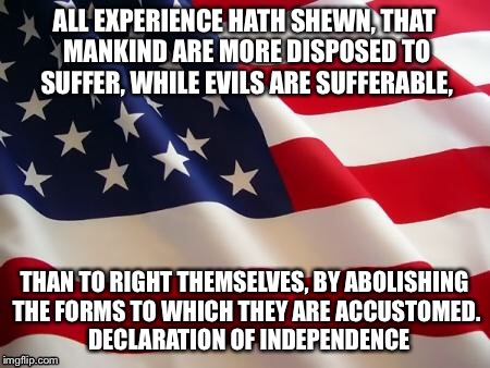 American flag | ALL EXPERIENCE HATH SHEWN, THAT MANKIND ARE MORE DISPOSED TO SUFFER, WHILE EVILS ARE SUFFERABLE, THAN TO RIGHT THEMSELVES, BY ABOLISHING THE FORMS TO WHICH THEY ARE ACCUSTOMED.  
DECLARATION OF INDEPENDENCE | image tagged in american flag | made w/ Imgflip meme maker