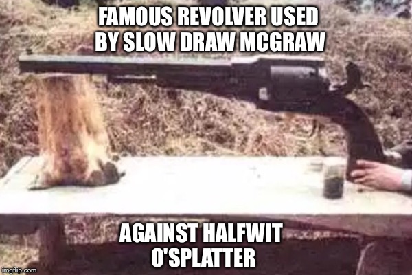 Wild West Marksmanship | FAMOUS REVOLVER USED BY SLOW DRAW MCGRAW; AGAINST HALFWIT O'SPLATTER | image tagged in revolver | made w/ Imgflip meme maker