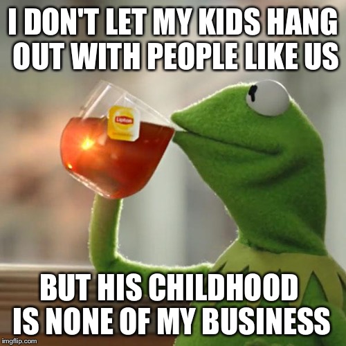 But That's None Of My Business Meme | I DON'T LET MY KIDS HANG OUT WITH PEOPLE LIKE US BUT HIS CHILDHOOD IS NONE OF MY BUSINESS | image tagged in memes,but thats none of my business,kermit the frog | made w/ Imgflip meme maker