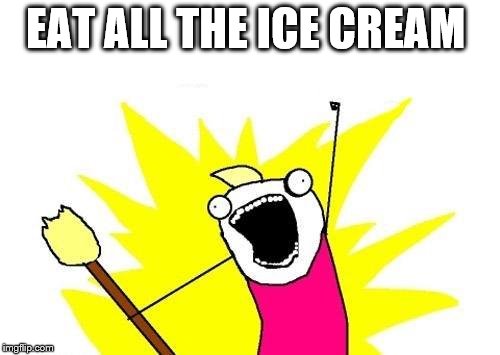 It is warm and sunny today... | EAT ALL THE ICE CREAM | image tagged in memes,x all the y,food,ice cream | made w/ Imgflip meme maker