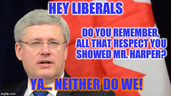Stephen Harper Bully Niqab Woman | HEY LIBERALS; DO YOU REMEMBER, ALL THAT RESPECT YOU SHOWED MR. HARPER? YA... NEITHER DO WE! | image tagged in stephen harper bully niqab woman | made w/ Imgflip meme maker