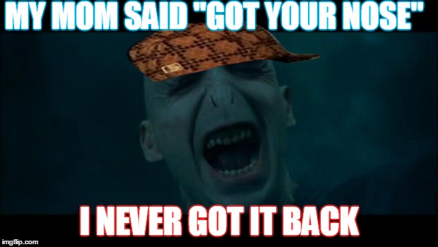 Voldemort Noooooo | MY MOM SAID "GOT YOUR NOSE"; I NEVER GOT IT BACK | image tagged in voldemort noooooo,scumbag | made w/ Imgflip meme maker