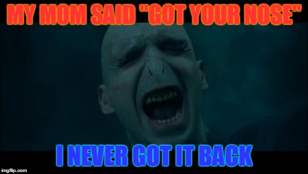 Voldemort Noooooo | MY MOM SAID "GOT YOUR NOSE"; I NEVER GOT IT BACK | image tagged in voldemort noooooo | made w/ Imgflip meme maker