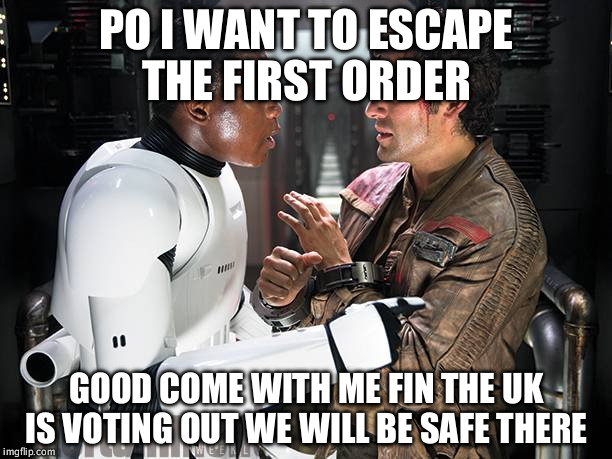 Starwars | PO I WANT TO ESCAPE THE FIRST ORDER; GOOD COME WITH ME FIN THE UK IS VOTING OUT WE WILL BE SAFE THERE | image tagged in starwars | made w/ Imgflip meme maker