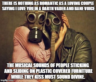 gas mask | THERE IS NOTHING AS ROMANTIC AS A LOVING COUPLE SAYING I LOVE YOU IN A DARTH VADER AND BANE VOICE; THE MUSICAL SOUNDS OF PEOPLE STICKING AND SLIDING ON PLASTIC COVERED FURNITURE WHILE THEY KISS MUST SOUND DIVINE. | image tagged in gas mask | made w/ Imgflip meme maker