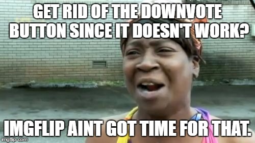 Or just restore the downvote button. I wouldn't mind that. | GET RID OF THE DOWNVOTE BUTTON SINCE IT DOESN'T WORK? IMGFLIP AINT GOT TIME FOR THAT. | image tagged in memes,aint nobody got time for that,downvote,imgflip | made w/ Imgflip meme maker