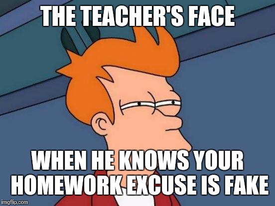 Futurama Fry Meme | THE TEACHER'S FACE; WHEN HE KNOWS YOUR HOMEWORK EXCUSE IS FAKE | image tagged in memes,futurama fry | made w/ Imgflip meme maker