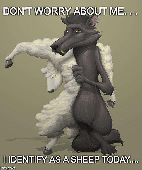 wolf in sheep clothing | DON'T WORRY ABOUT ME. . . I IDENTIFY AS A SHEEP TODAY.... | image tagged in wolf in sheep clothing | made w/ Imgflip meme maker