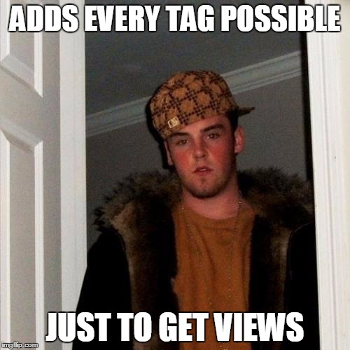 Tags | ADDS EVERY TAG POSSIBLE; JUST TO GET VIEWS | image tagged in memes,scumbag steve,tags,funny tag,another tag,reported | made w/ Imgflip meme maker