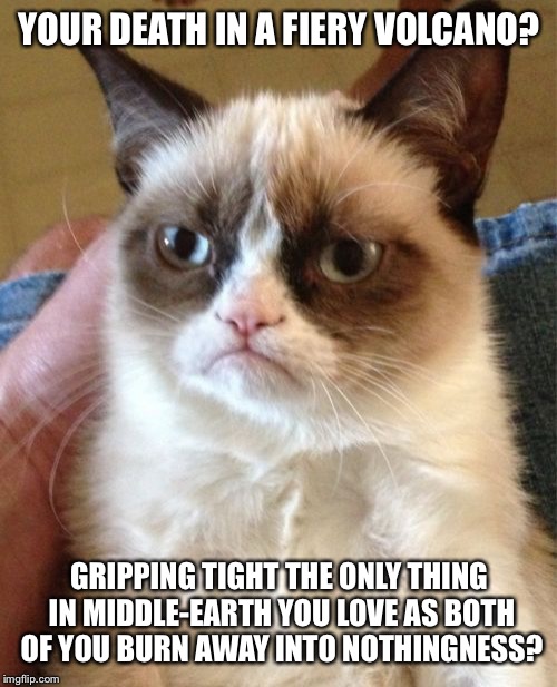 Grumpy Cat Meme | YOUR DEATH IN A FIERY VOLCANO? GRIPPING TIGHT THE ONLY THING IN MIDDLE-EARTH YOU LOVE AS BOTH OF YOU BURN AWAY INTO NOTHINGNESS? | image tagged in memes,grumpy cat | made w/ Imgflip meme maker