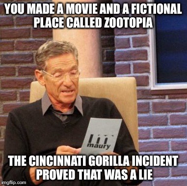 Maury Lie Detector | YOU MADE A MOVIE AND A FICTIONAL PLACE CALLED ZOOTOPIA; THE CINCINNATI GORILLA INCIDENT PROVED THAT WAS A LIE | image tagged in memes,maury lie detector | made w/ Imgflip meme maker