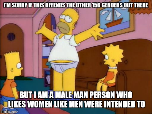 Homer Simpson | I'M SORRY IF THIS OFFENDS THE OTHER 156 GENDERS OUT THERE; BUT I AM A MALE MAN PERSON WHO LIKES WOMEN LIKE MEN WERE INTENDED TO | image tagged in homer simpson | made w/ Imgflip meme maker