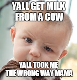 Skeptical Baby Meme |  YALL GET MILK FROM A COW; YALL TOOK ME THE WRONG WAY MAMA | image tagged in memes,skeptical baby | made w/ Imgflip meme maker