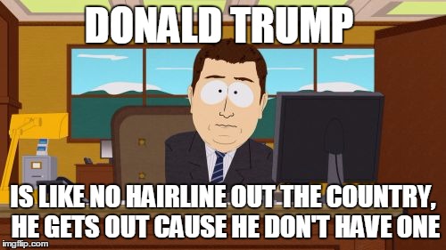 Aaaaand Its Gone | DONALD TRUMP; IS LIKE NO HAIRLINE OUT THE COUNTRY, HE GETS OUT CAUSE HE DON'T HAVE ONE | image tagged in memes,aaaaand its gone | made w/ Imgflip meme maker