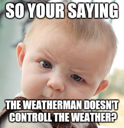 Skeptical Baby | SO YOUR SAYING; THE WEATHERMAN DOESN'T CONTROLL THE WEATHER? | image tagged in memes,skeptical baby | made w/ Imgflip meme maker