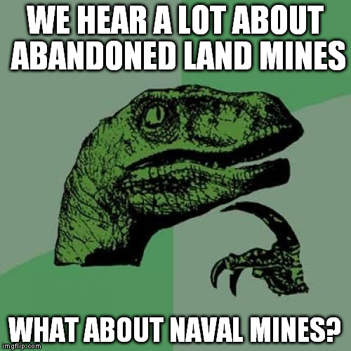 Aren't some still floating around? | WE HEAR A LOT ABOUT ABANDONED LAND MINES; WHAT ABOUT NAVAL MINES? | image tagged in memes,philosoraptor | made w/ Imgflip meme maker