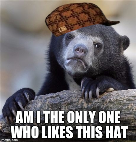 Confession Bear | AM I THE ONLY ONE WHO LIKES THIS HAT | image tagged in memes,confession bear,scumbag | made w/ Imgflip meme maker