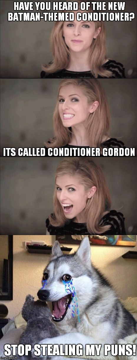 Bad Pun Anna makes Bad Pun Dog cry |  HAVE YOU HEARD OF THE NEW  BATMAN-THEMED CONDITIONER? ITS CALLED CONDITIONER GORDON; STOP STEALING MY PUNS! | image tagged in bad pun anna makes bad pun dog cry | made w/ Imgflip meme maker