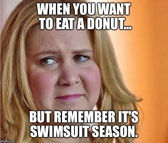 Bittersweet Donut Love | WHEN YOU WANT TO EAT A DONUT... BUT REMEMBER IT'S SWIMSUIT SEASON. | image tagged in donuts,swimsuit,food,amy schumer | made w/ Imgflip meme maker