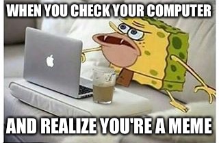 You're a meme | WHEN YOU CHECK YOUR COMPUTER; AND REALIZE YOU'RE A MEME | image tagged in spongegar computer,spongegar meme,caveman spongebob | made w/ Imgflip meme maker