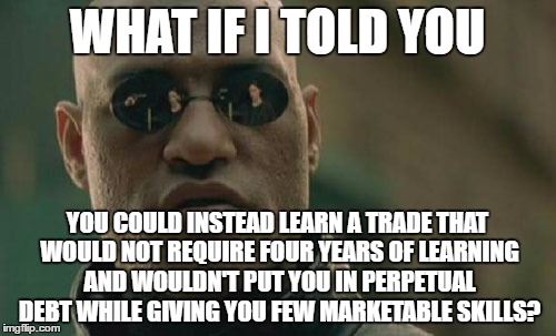 Matrix Morpheus Meme | WHAT IF I TOLD YOU YOU COULD INSTEAD LEARN A TRADE THAT WOULD NOT REQUIRE FOUR YEARS OF LEARNING AND WOULDN'T PUT YOU IN PERPETUAL DEBT WHIL | image tagged in memes,matrix morpheus | made w/ Imgflip meme maker