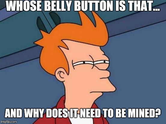 Futurama Fry Meme | WHOSE BELLY BUTTON IS THAT... AND WHY DOES IT NEED TO BE MINED? | image tagged in memes,futurama fry | made w/ Imgflip meme maker