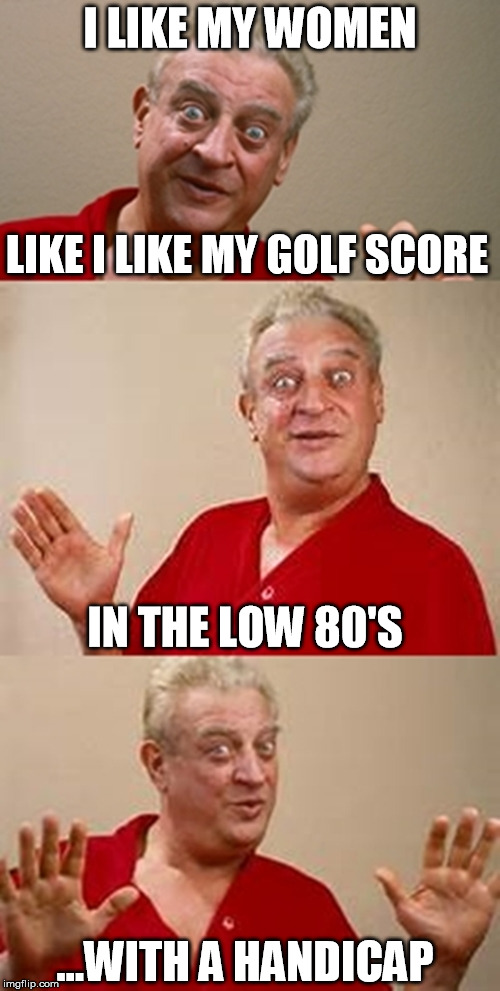 Golfing Rodney | I LIKE MY WOMEN; LIKE I LIKE MY GOLF SCORE; IN THE LOW 80'S; ...WITH A HANDICAP | image tagged in bad pun dangerfield,golfing,sexy women | made w/ Imgflip meme maker