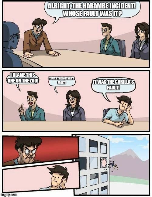 Boardroom Meeting Suggestion | ALRIGHT, THE HARAMBE INCIDENT! WHOSE FAULT WAS IT? I BLAME THIS ONE ON THE ZOO! IT WAS THE MOTHER'S FAULT! IT WAS THE GORILLA'S FAULT! | image tagged in memes,boardroom meeting suggestion | made w/ Imgflip meme maker
