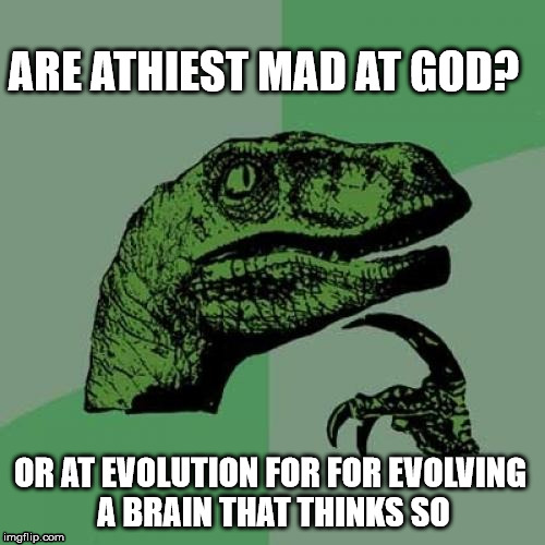 Philosoraptor Meme | ARE ATHIEST MAD AT GOD? OR AT EVOLUTION FOR FOR EVOLVING A BRAIN THAT THINKS SO | image tagged in memes,philosoraptor | made w/ Imgflip meme maker