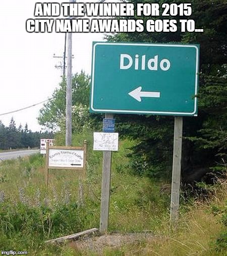 Dildo, NL | AND THE WINNER FOR 2015 CITY NAME AWARDS GOES TO... | image tagged in funny,city names | made w/ Imgflip meme maker