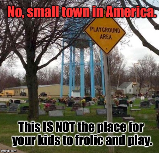 I'm Not Even Cool With A Playground ACROSS The Road From A Cemetary. | No, small town in America. This IS NOT the place for your kids to frolic and play. | image tagged in memes,funny street signs | made w/ Imgflip meme maker
